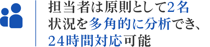 担当者は原則として2名 状況を多角的に分析でき、24時間対応可能